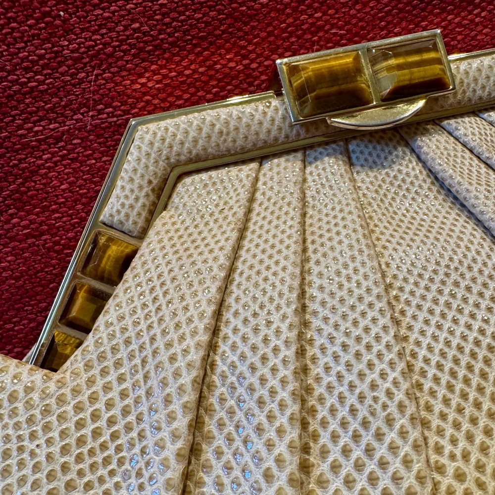 Vintage Judith Leiber lizard skin bag with tiger eye stone details. - Picture 5 of 12